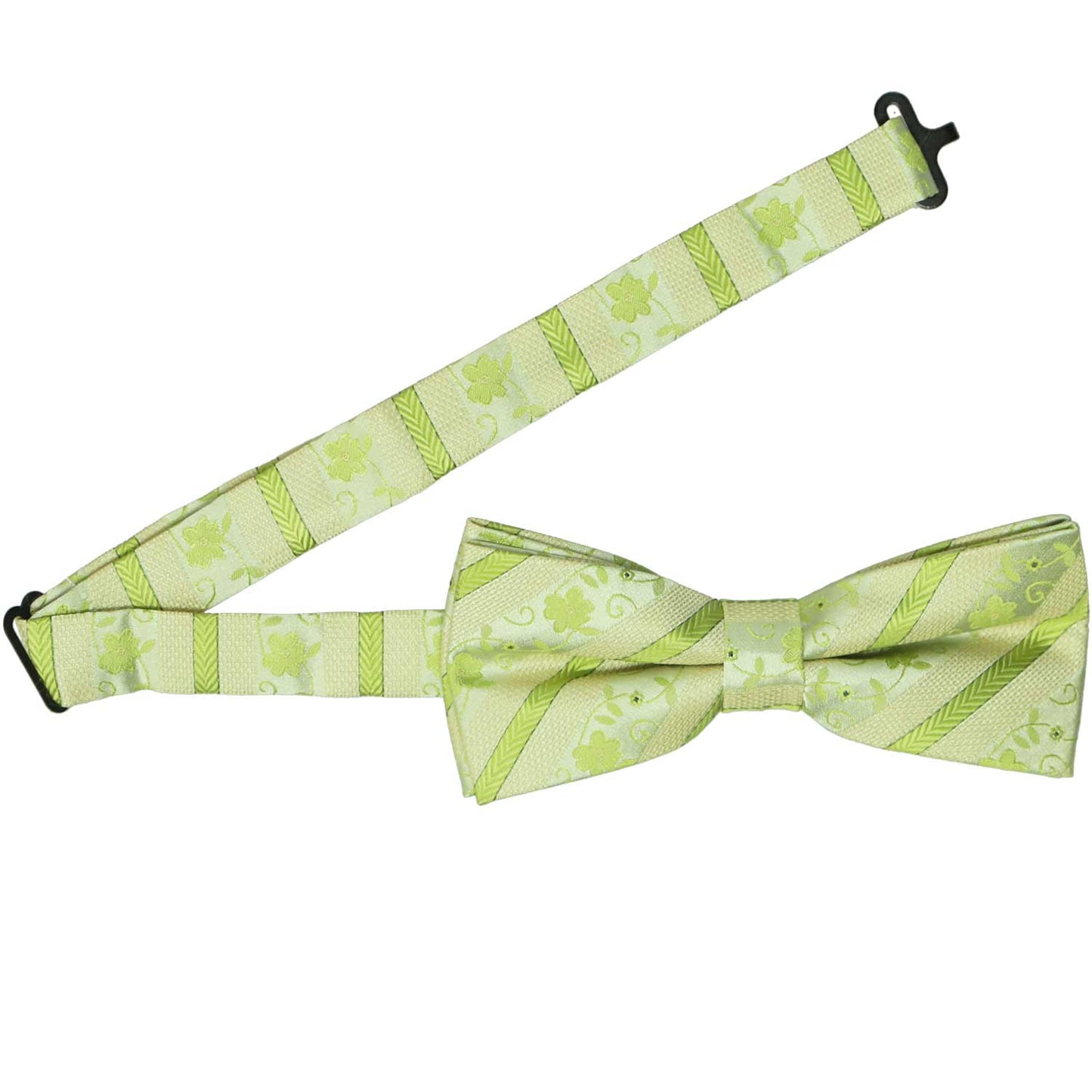 Open band collar on an apple green floral striped bow tie