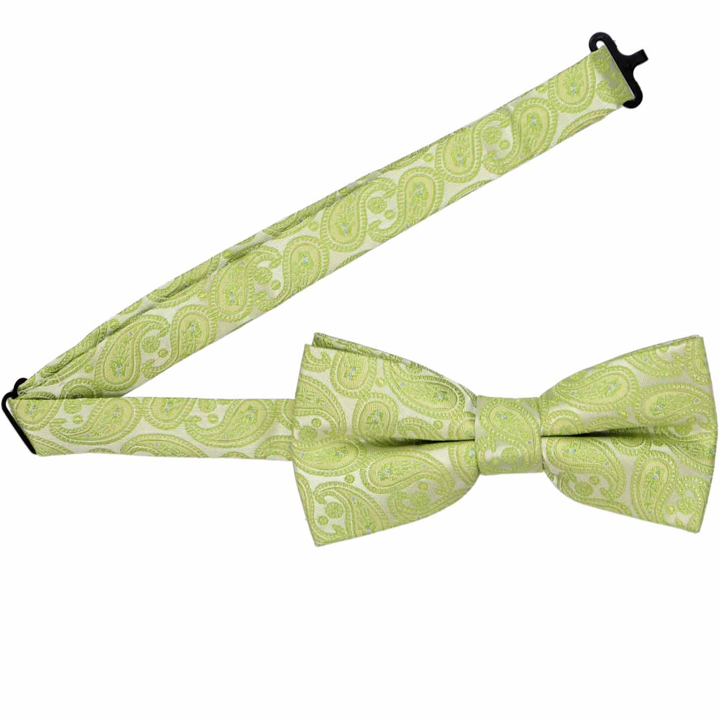 Open band collar on an apple green paisley bow tie